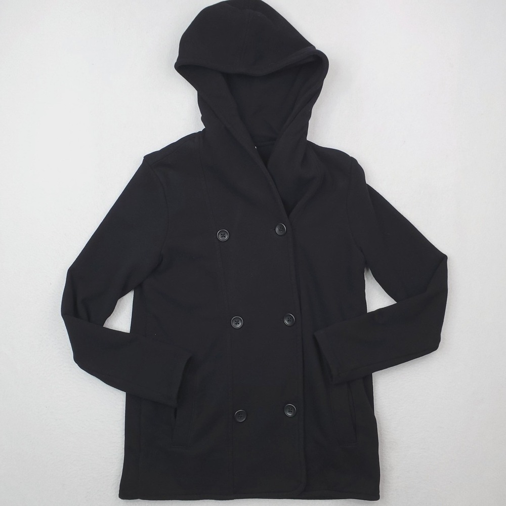 James Perse Jacket Womens Large Size 3 Black Hooded Knit Double Breasted PeaCoat